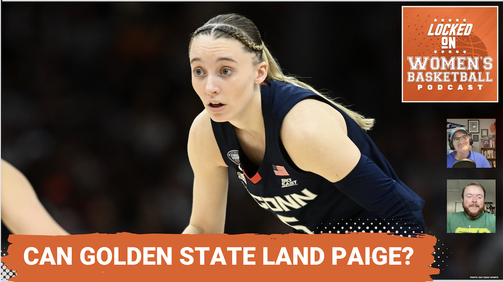 A close-up photo of UConn guard Paige Bueckers in an athletic stance. The text "Can Golden State land Paige?" is overlaid at the bottom in all caps, and the orange Locked On Women's Basketball logo is in the top right corner.